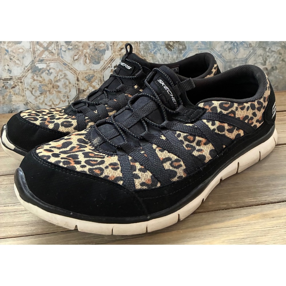 Skechers Leopard Print Bungee Lace Slip On Sneakers Black Brown Womens 10